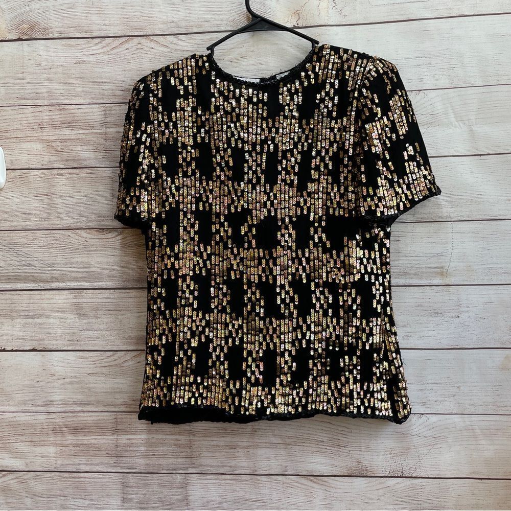 VINTAGE LAURENCE KAZAR‎ 100% SILK SEQUINED TOP IN BLACK